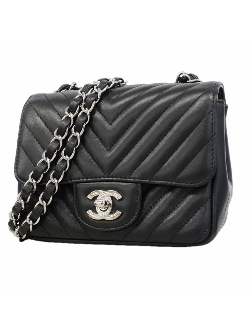 Chanel Shoulder Bag Chevron Lambskin Black Silver